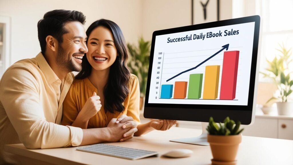 Happy couple looking at a desktop computer looking at their daily sales of ebooks