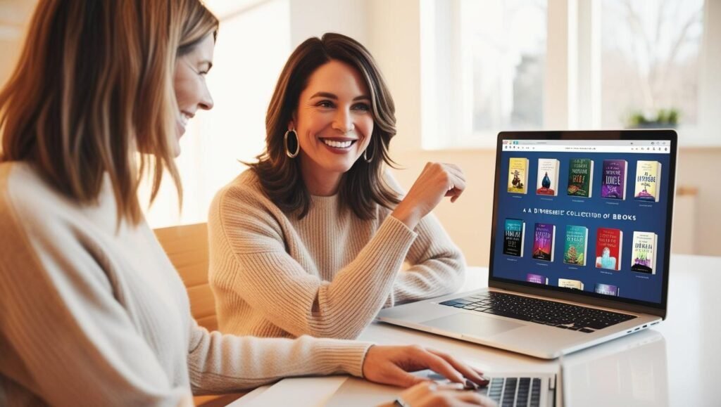 smiling woman looking at her website selling ebooks